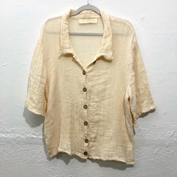 Jen’s Pirate Booty Gauze Button Up Shirt Top Short sleeve Minimalist Beige M/L - Picture 1 of 13